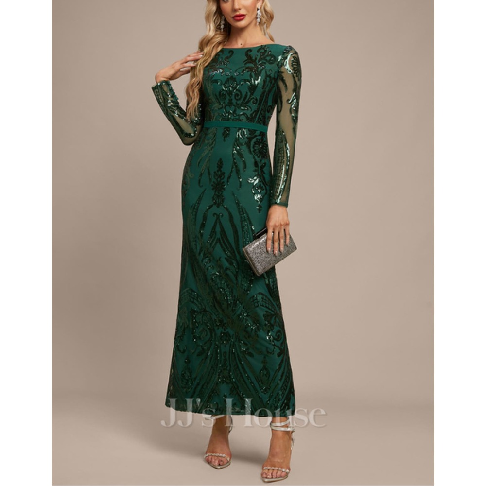 Embellished Deep Green Sequin Midi Dress with Sheer Long Sleeves